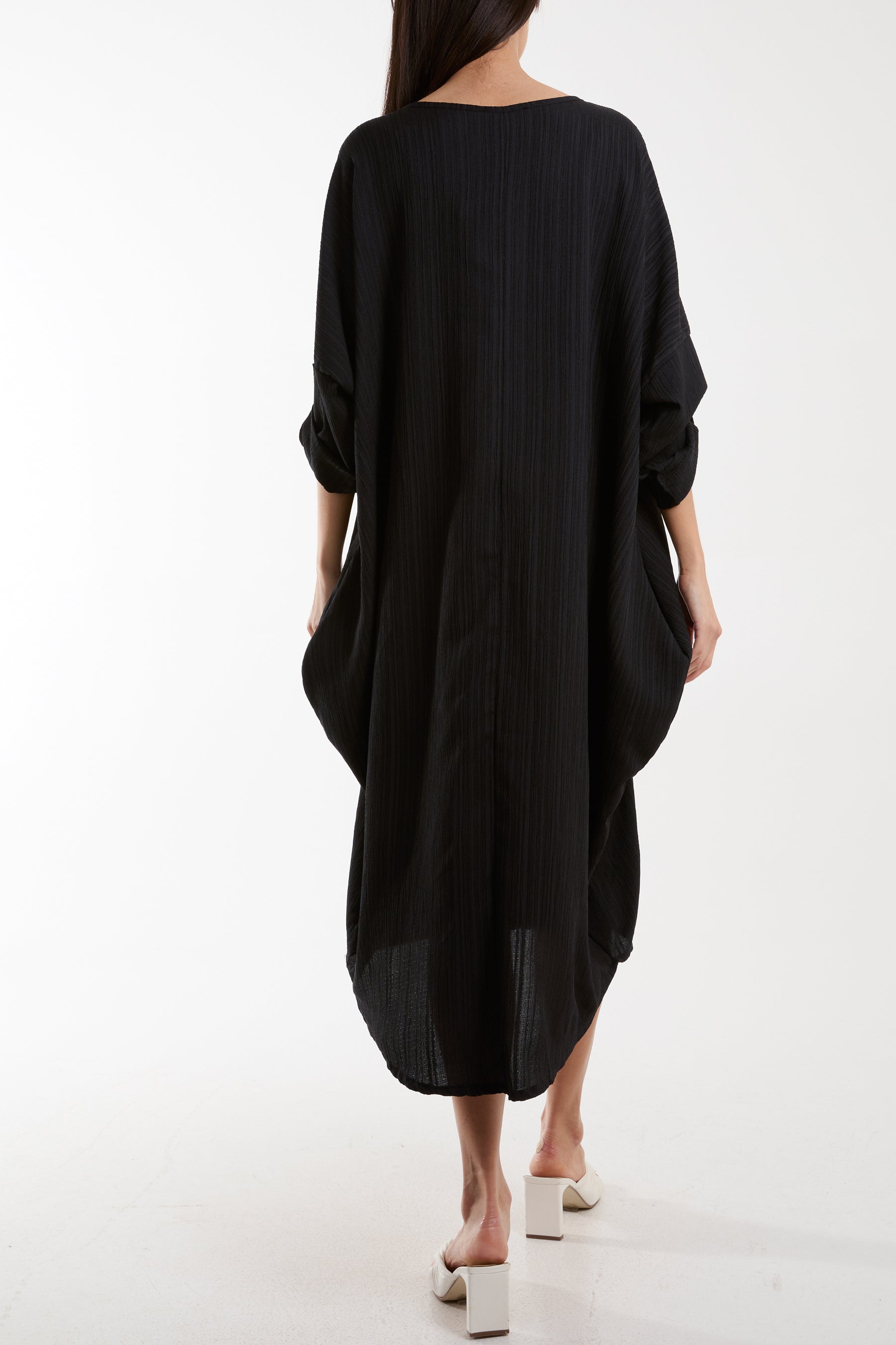 Crinkle Cocoon Midi Dress w/ Pockets For Women  - Dropwear