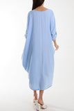 Hot Pink Crinkle Cocoon Midi Dress w/ Pockets For Women ONE SIZE - Dropwear