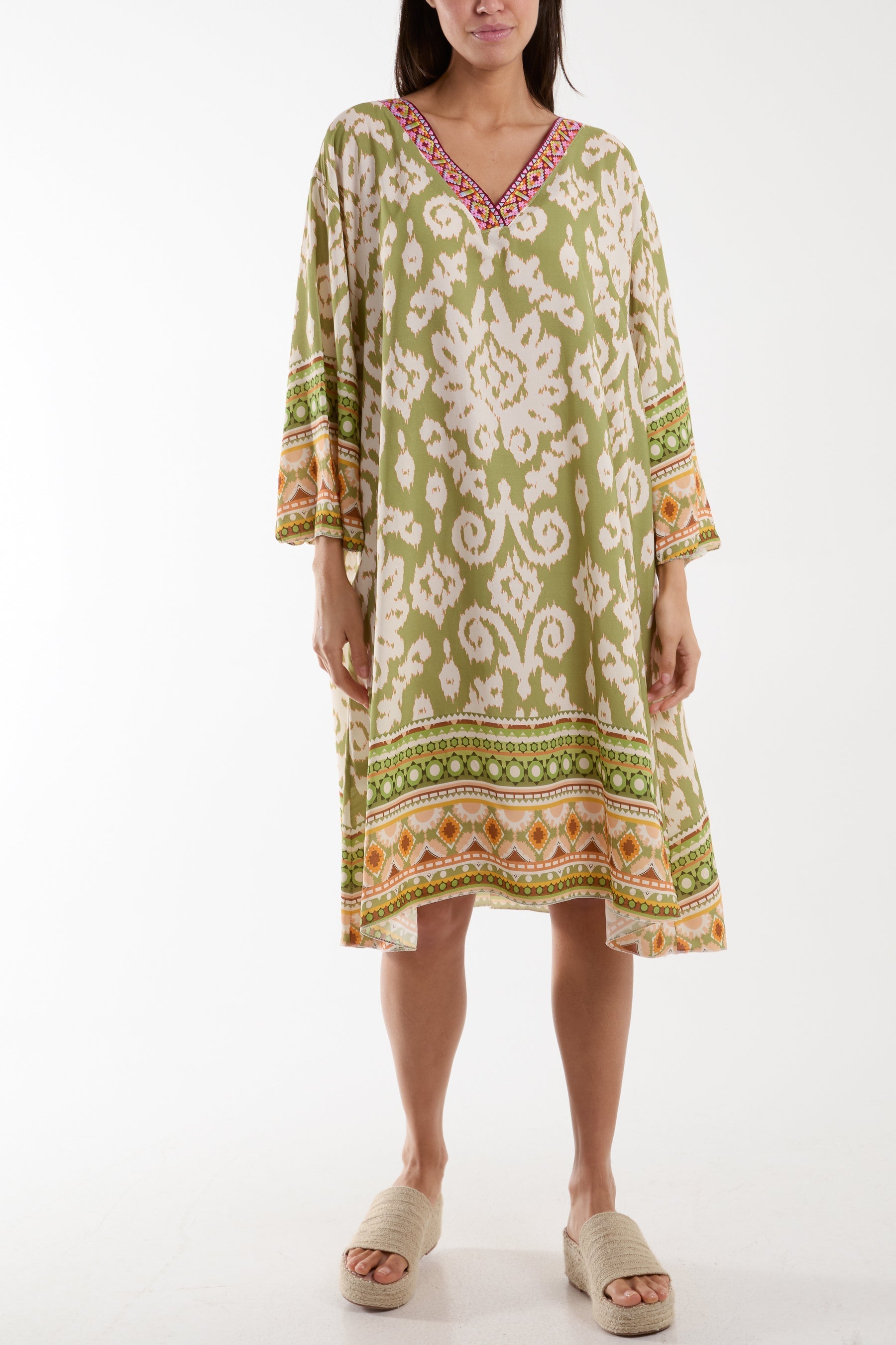 Orange Embroidery V-Neck Printed Tunic Dress For Women ONE SIZE - Dropwear