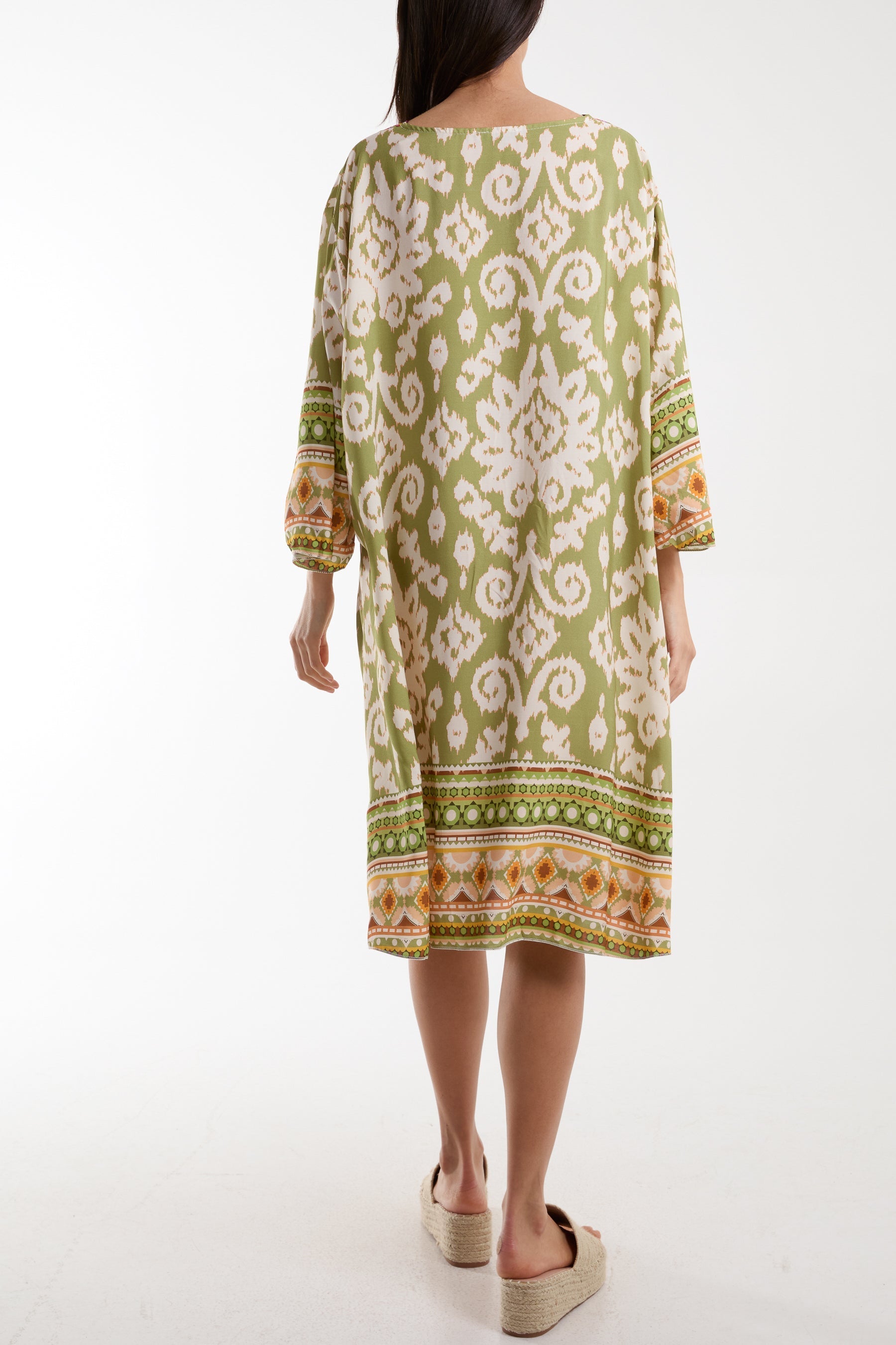 Beige Embroidery V-Neck Printed Tunic Dress For Women ONE SIZE - Dropwear