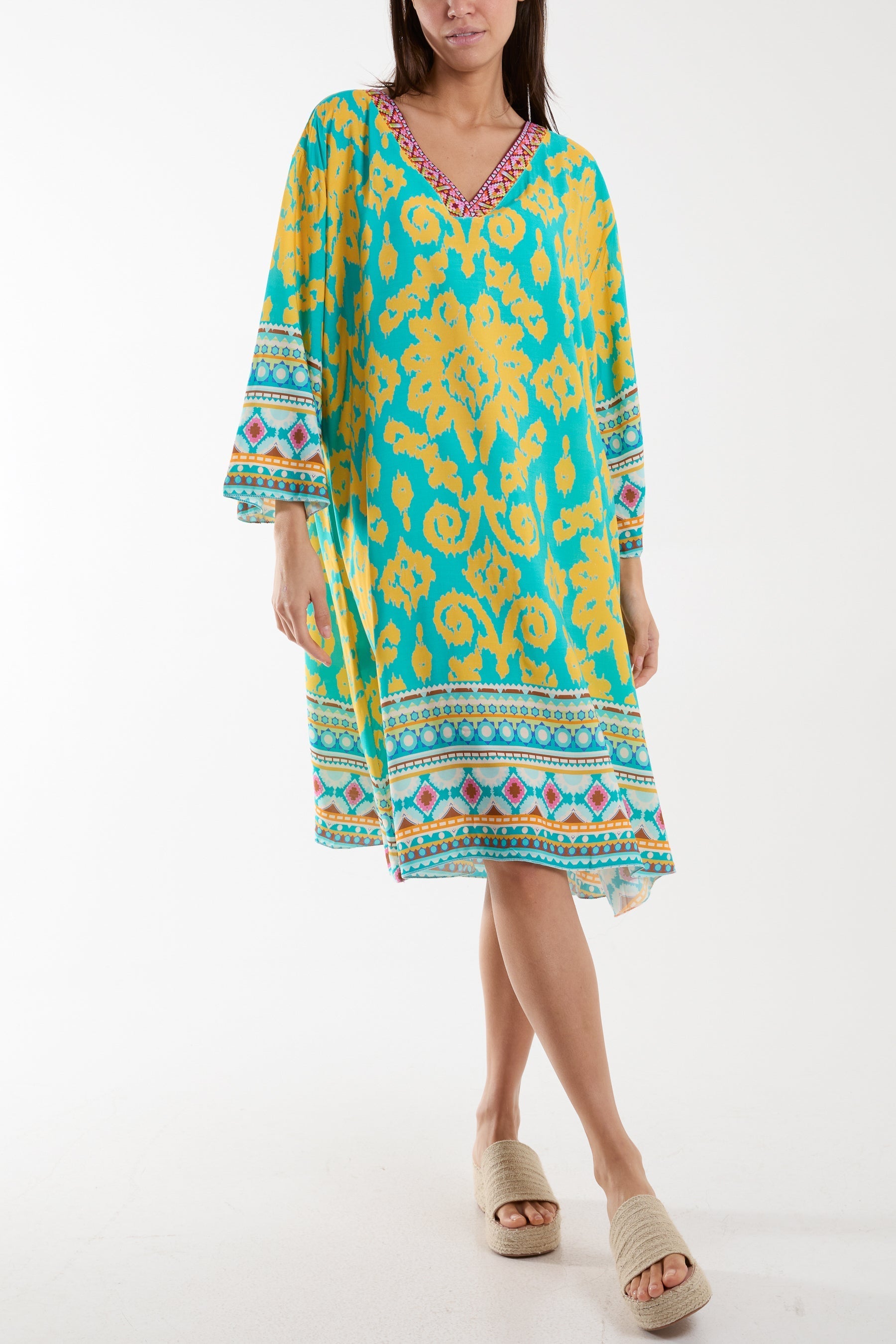 Lime Embroidery V-Neck Printed Tunic Dress For Women ONE SIZE - Dropwear