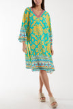 Lime Embroidery V-Neck Printed Tunic Dress For Women ONE SIZE - Dropwear