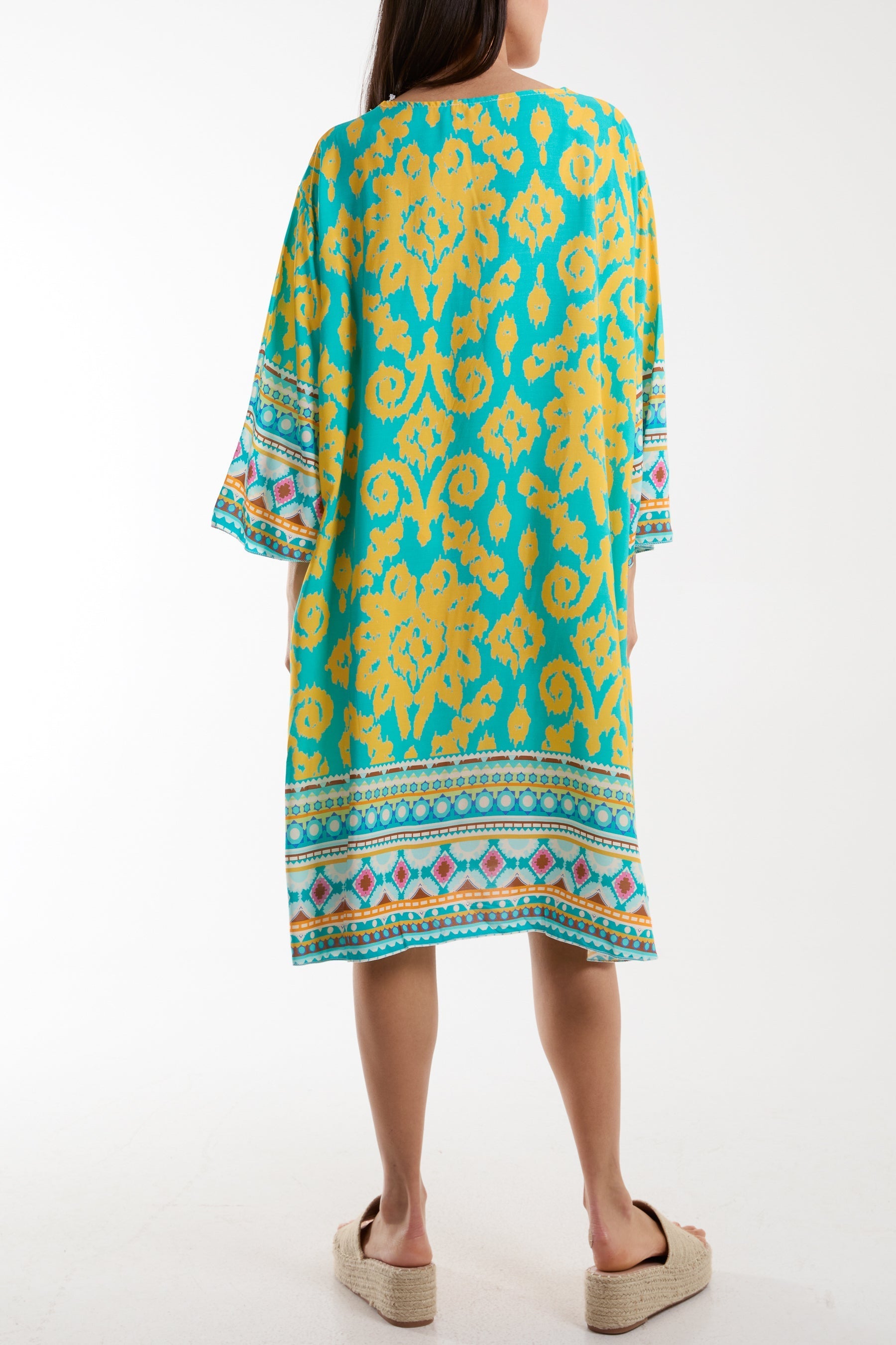 Embroidery V-Neck Printed Tunic Dress For Women  - Dropwear