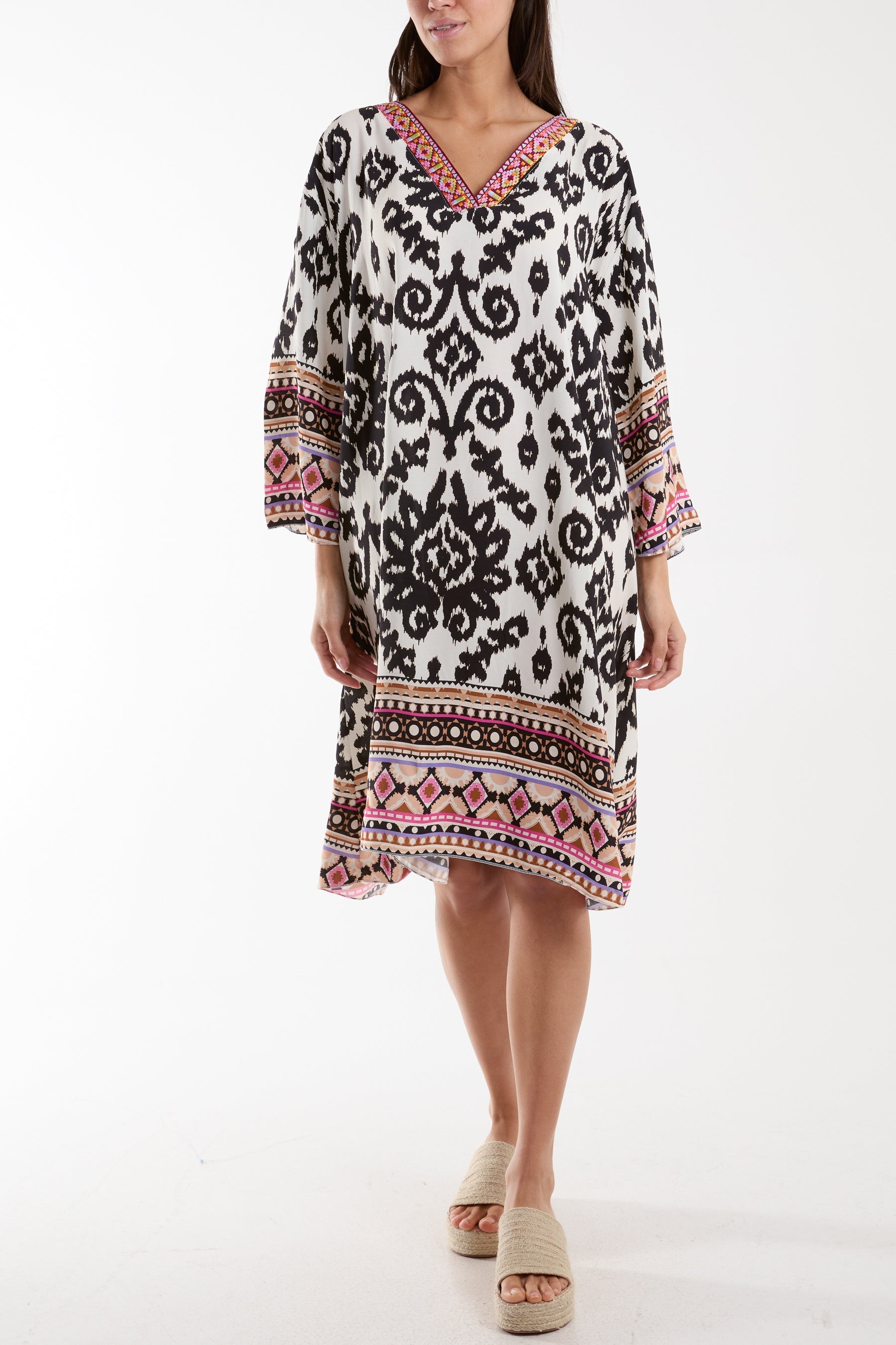 Royal Blue Embroidery V-Neck Printed Tunic Dress For Women ONE SIZE - Dropwear