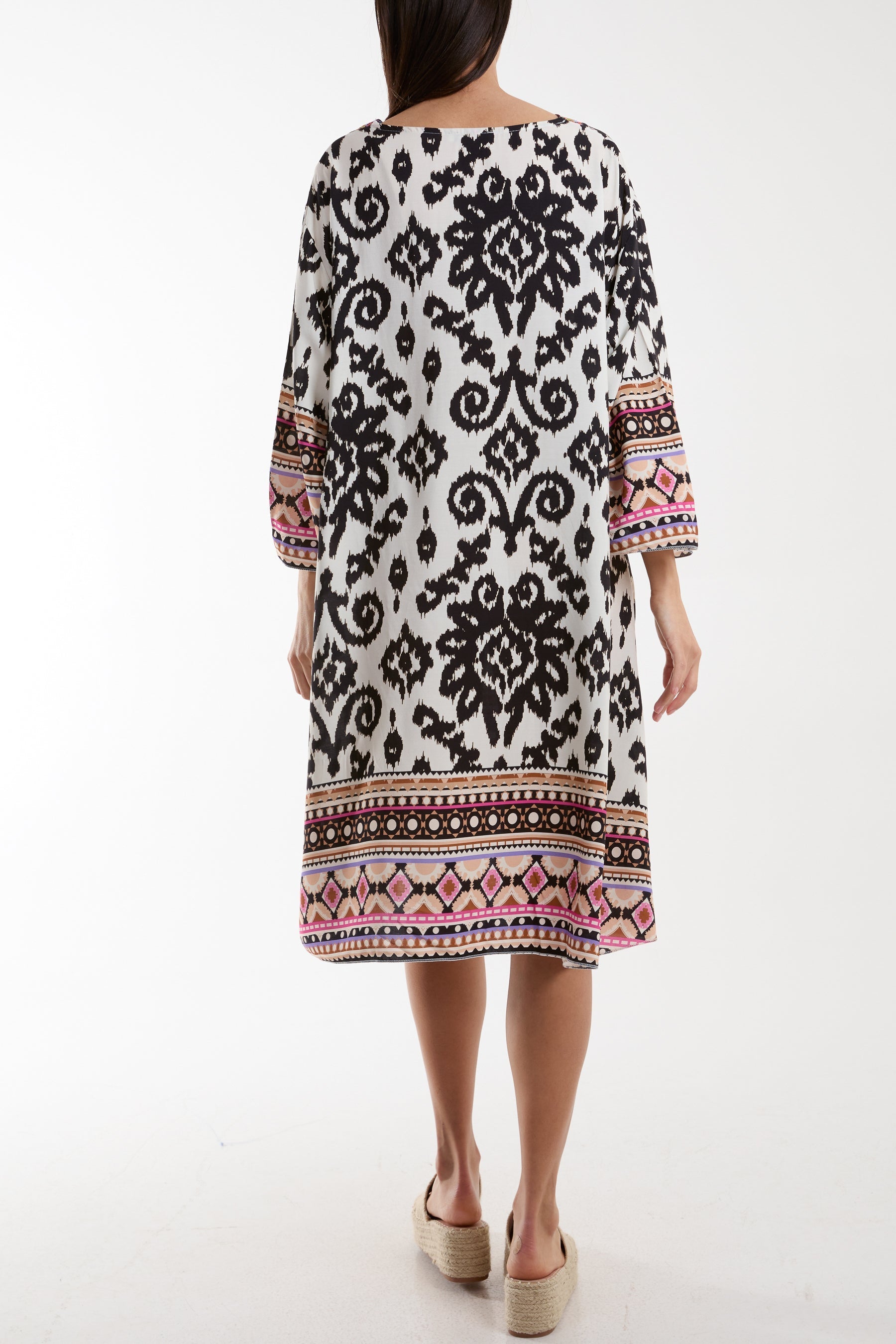 Fuchsia Embroidery V-Neck Printed Tunic Dress For Women ONE SIZE - Dropwear