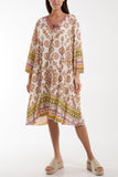 Khaki Embroidery V-Neck Printed Tunic Dress For Women ONE SIZE - Dropwear