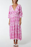 Baroque Floral Shirred Midi Dress For Women  - Dropwear