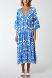 Light Blue Baroque Floral Shirred Midi Dress For Women ONE SIZE - Dropwear