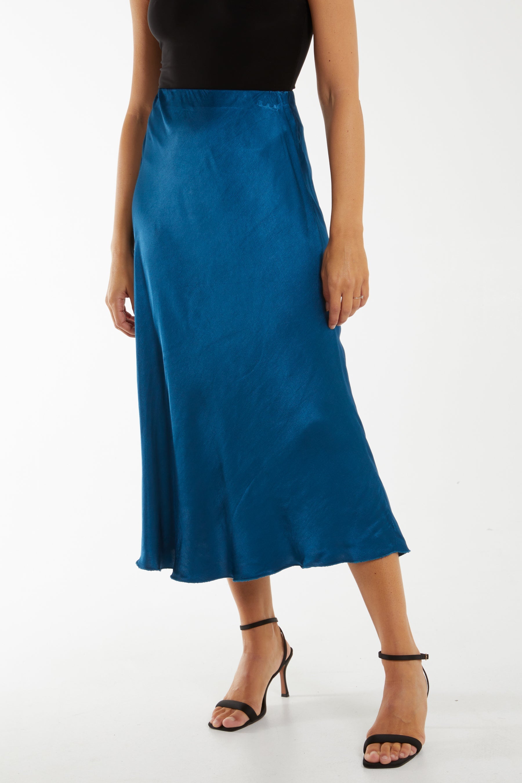 Navy Waistband Satin Midi Skirt For Women ONE SIZE - Dropwear