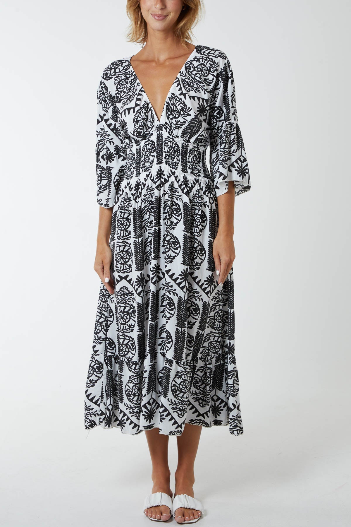 Baroque Floral Shirred Midi Dress For Women  - Dropwear