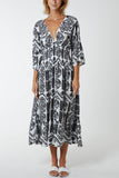 Baroque Floral Shirred Midi Dress For Women  - Dropwear
