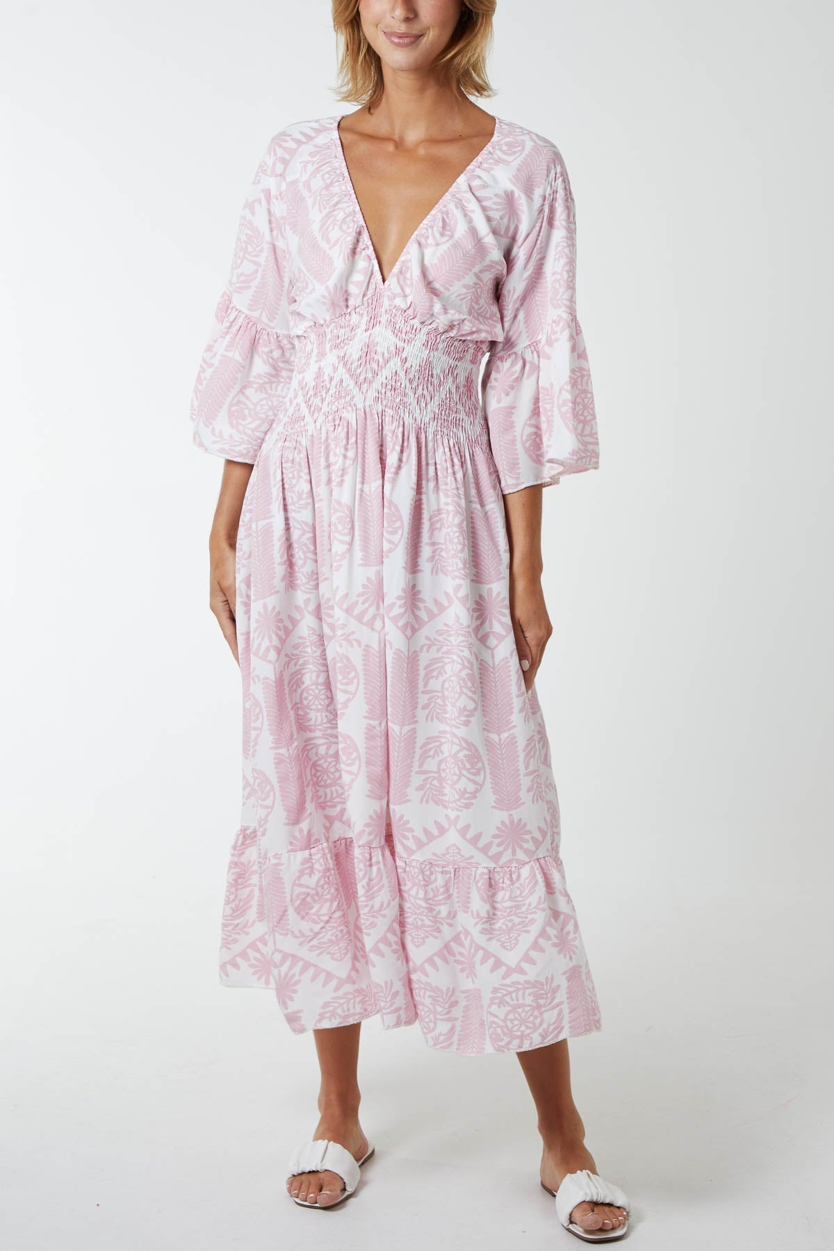 Baroque Floral Shirred Midi Dress For Women  - Dropwear