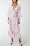 Baroque Floral Shirred Midi Dress For Women  - Dropwear