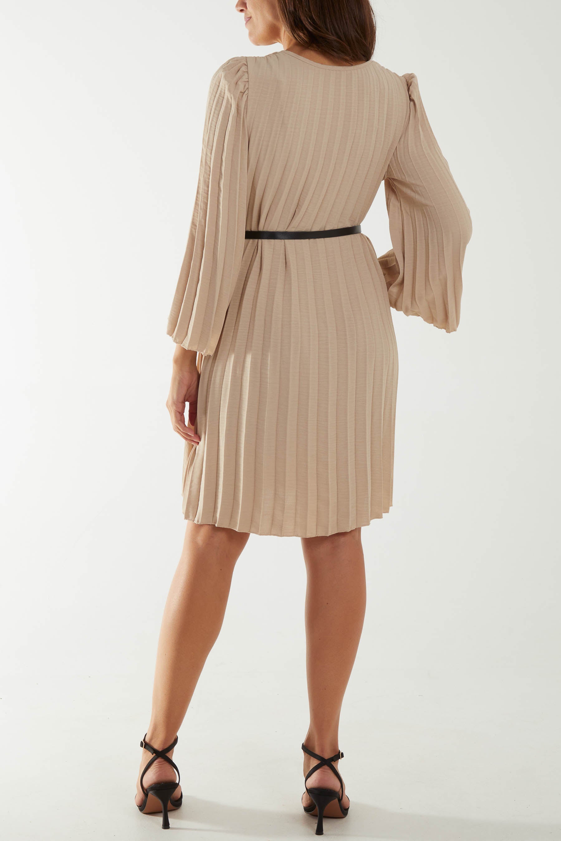Pleated V-Neck Belted Mini Dress For Women  - Dropwear
