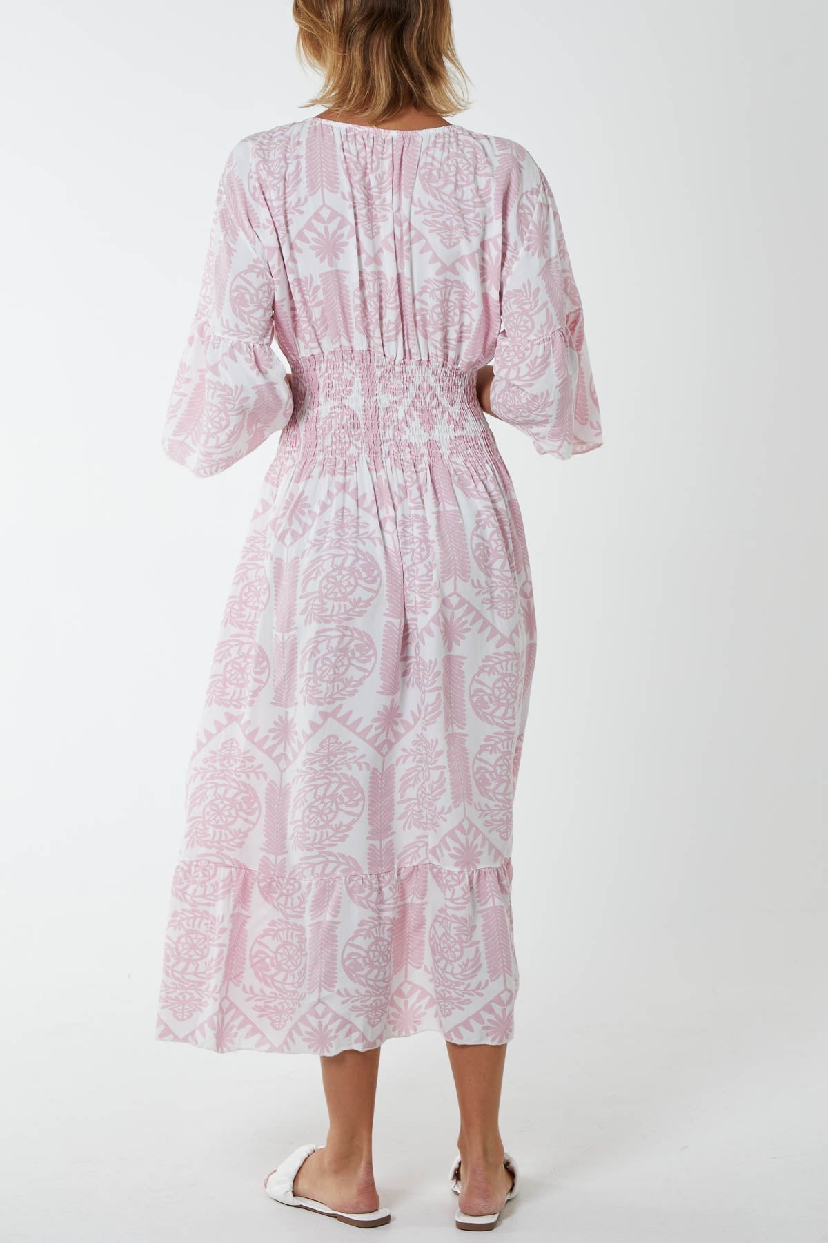 Baroque Floral Shirred Midi Dress For Women  - Dropwear