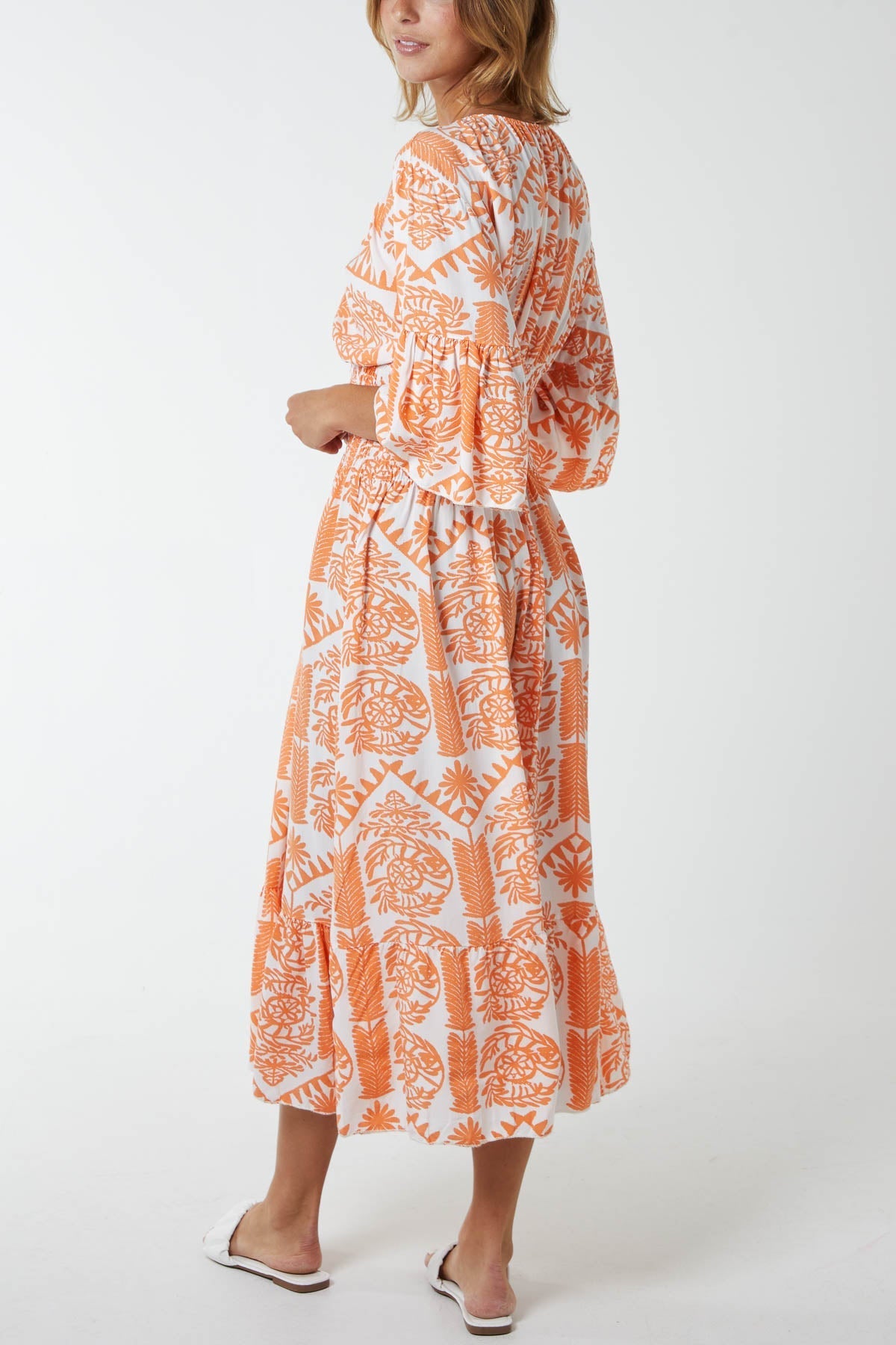 Lime Baroque Floral Shirred Midi Dress For Women ONE SIZE - Dropwear