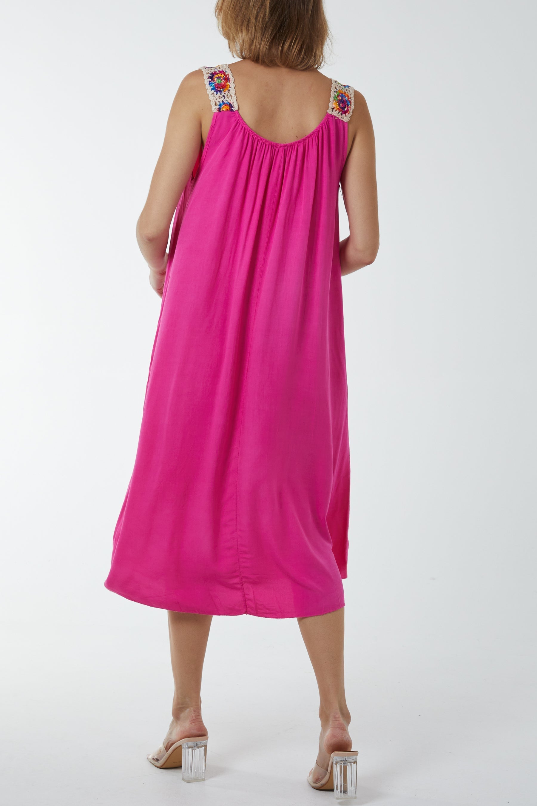 Hot Pink Crochet Sleeve Scoop Neck Midi Dress For Women ONE SIZE - Dropwear