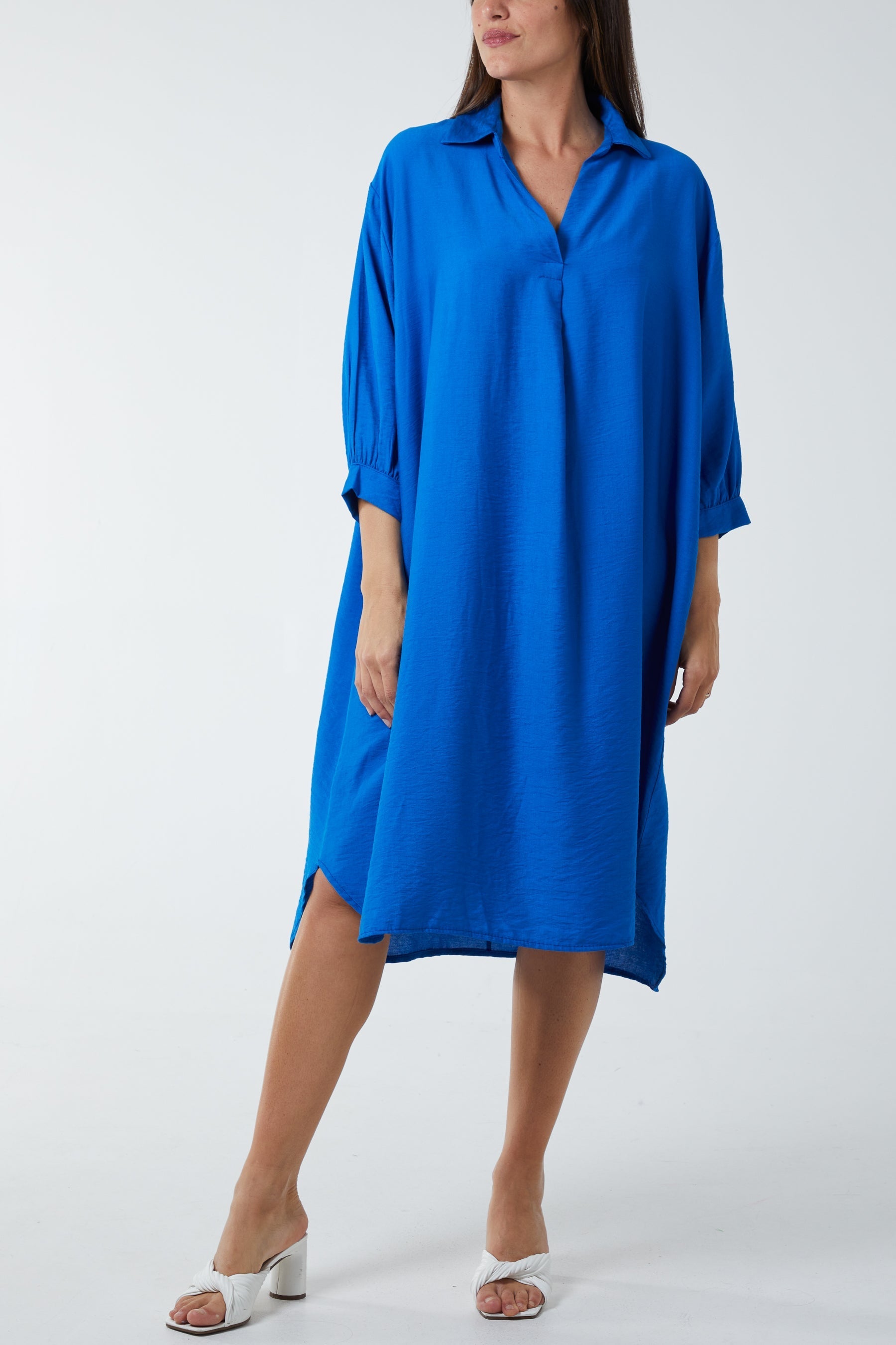 Bubblegum Pink V-Neck Collared Midi Dress For Women ONE SIZE - Dropwear