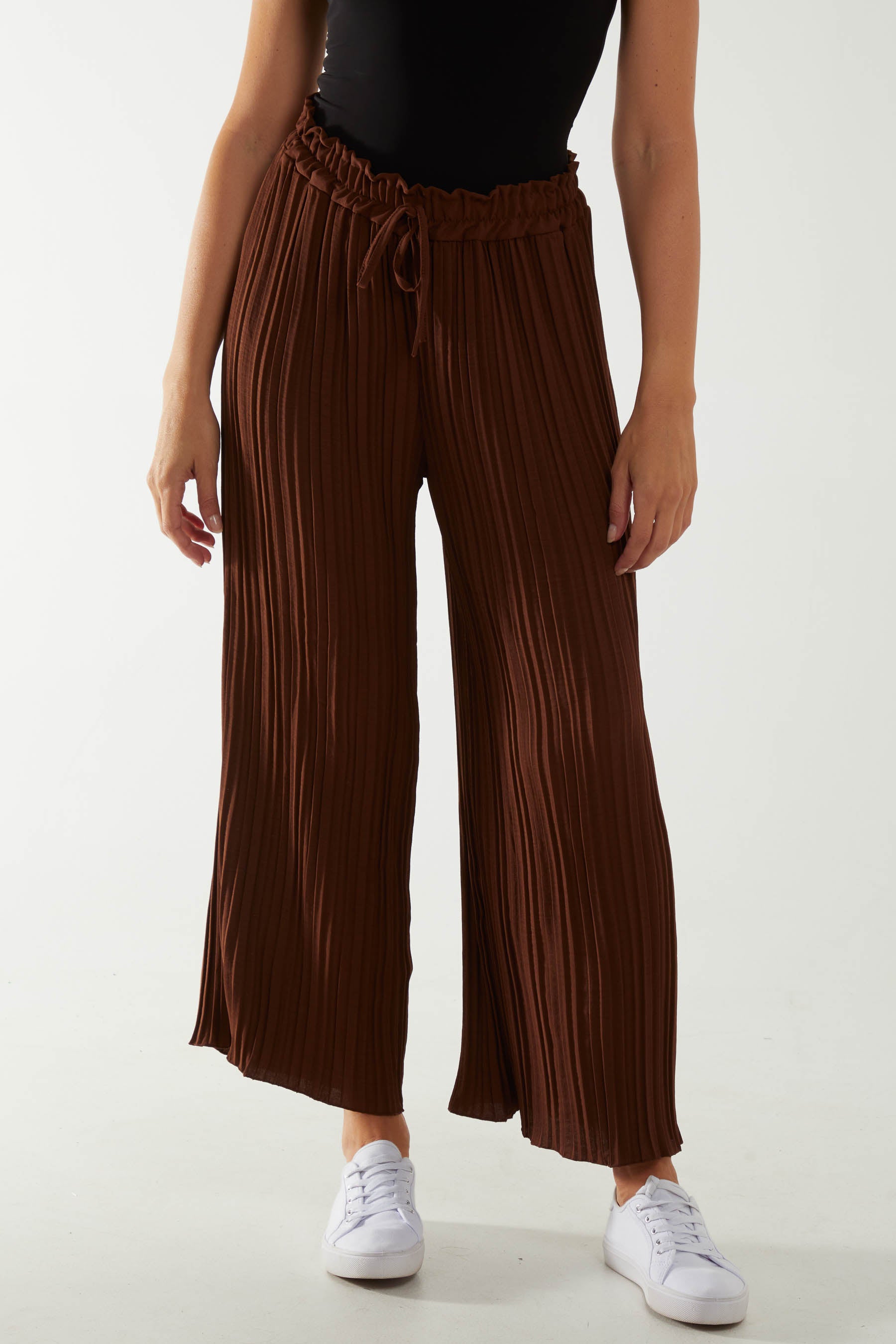 Chocolate Wide Leg Plisse Drawstring Trousers For Women ONE SIZE - Dropwear