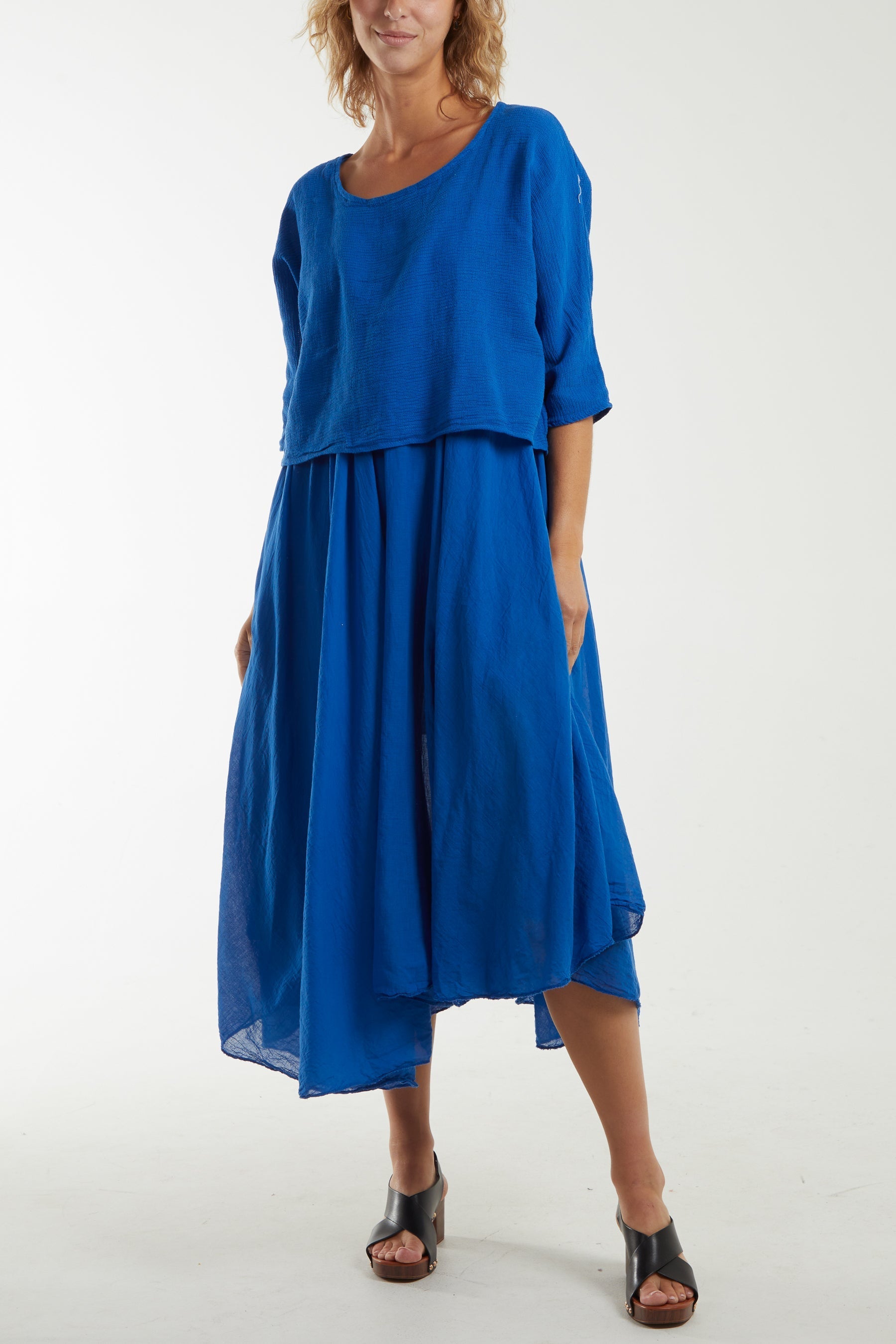Royal Blue 2 In 1 Crop Top & Cami Linen Dress For Women ONE SIZE - Dropwear