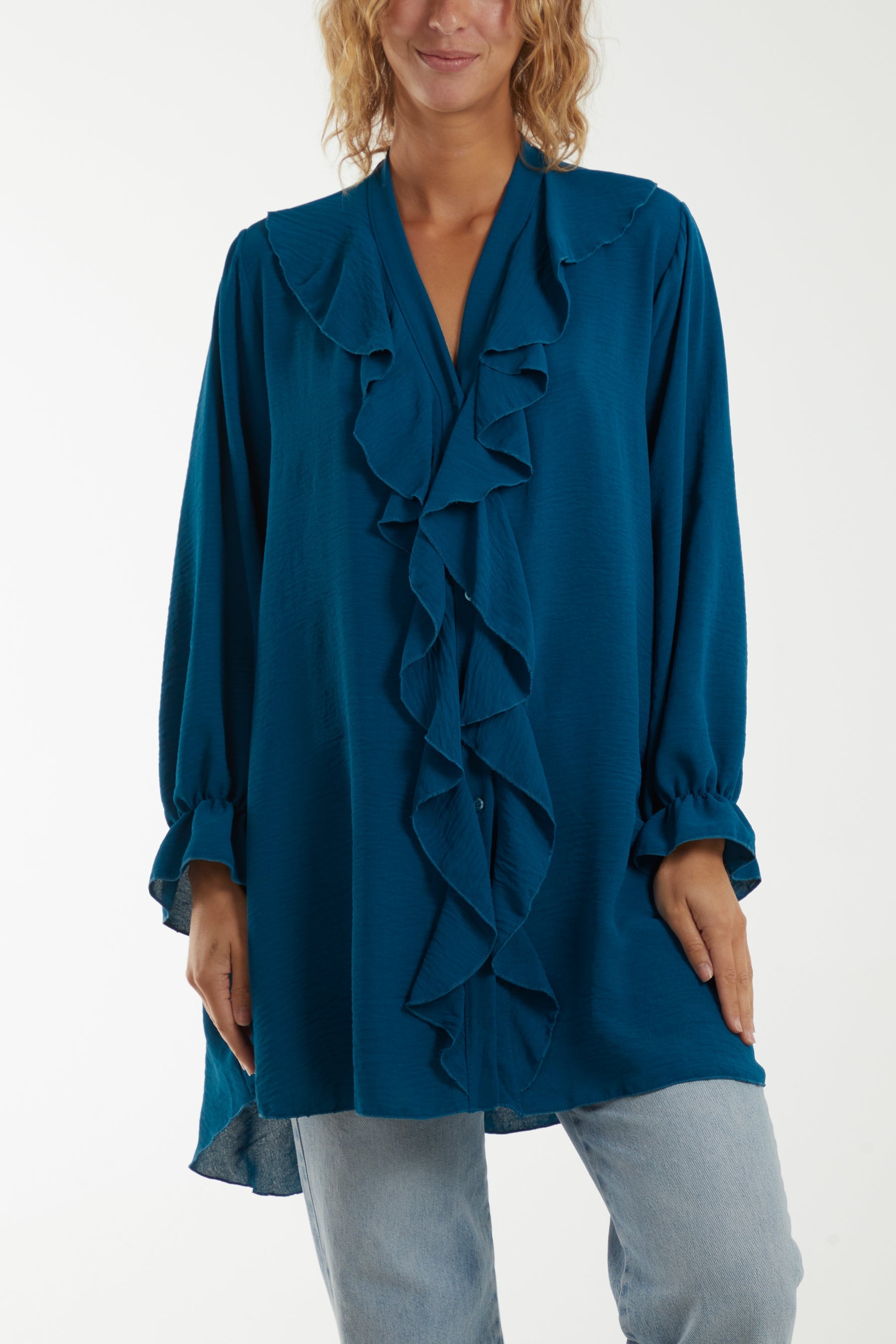 Royal Blue Flounce Poly Crepe Oversized Shirt For Women ONE SIZE - Dropwear