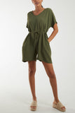 Stone Tie Belt & Button Back Playsuit For Women ONE SIZE - Dropwear