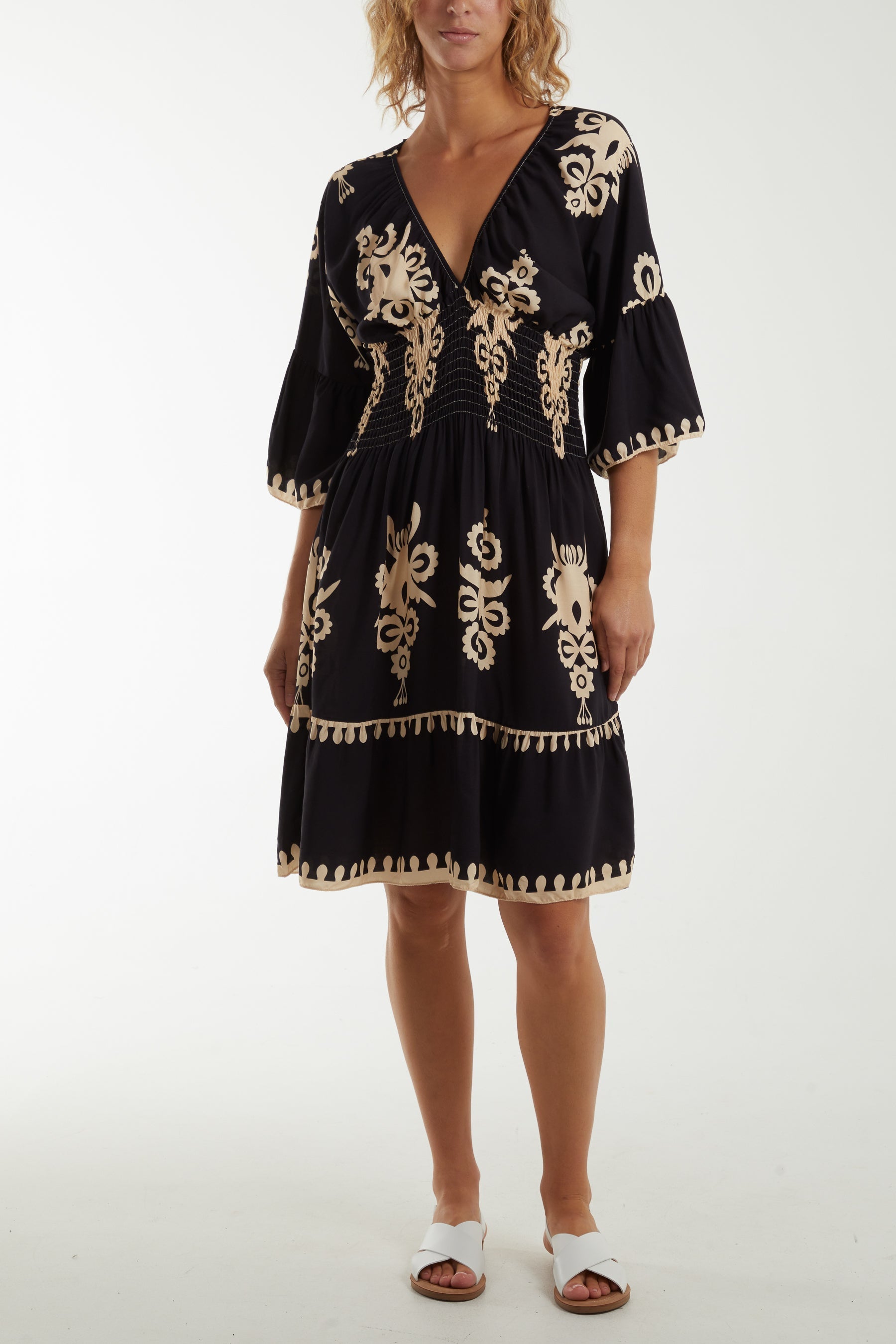 Shirred Bodice Printed Mini Dress For Women  - Dropwear