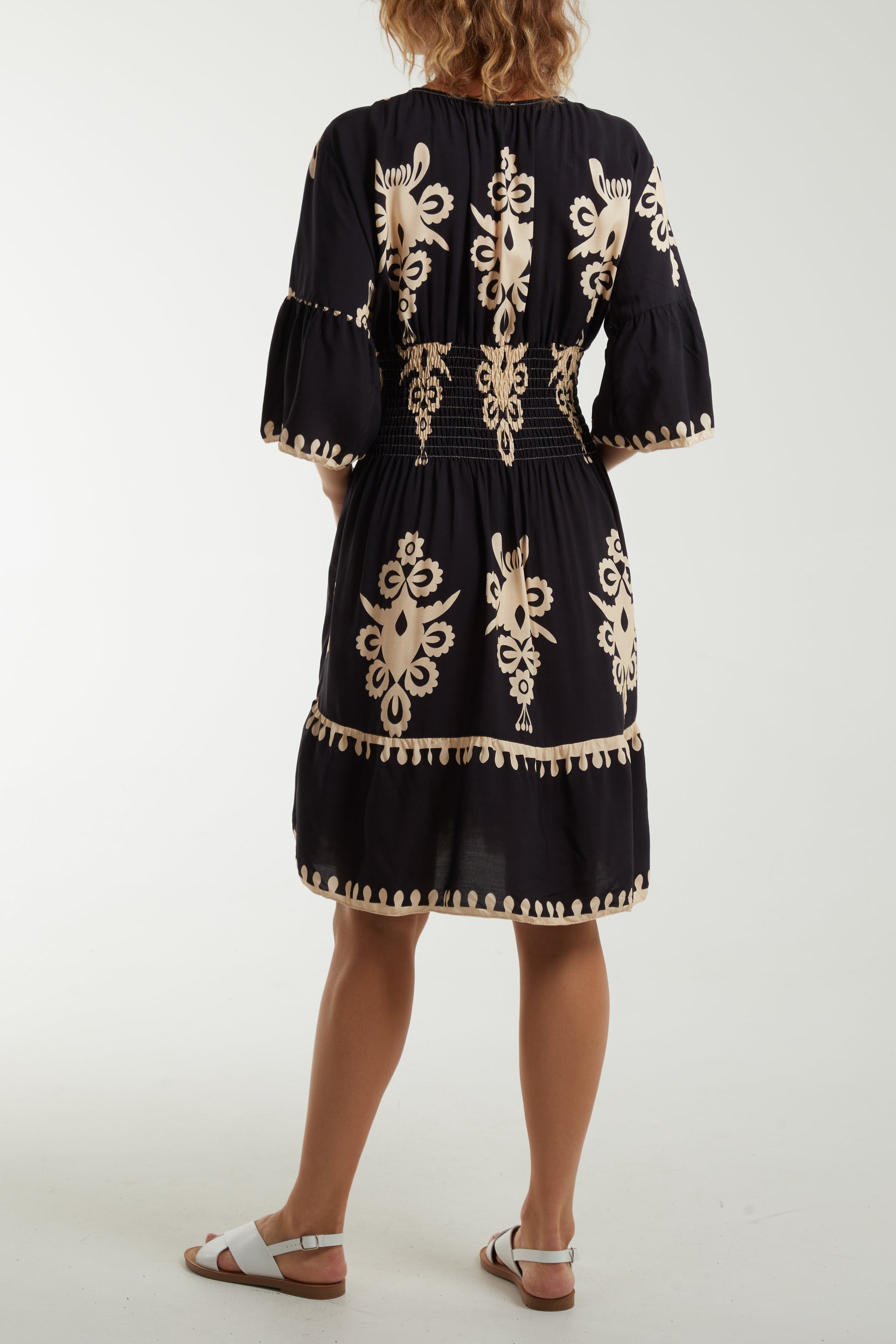 Shirred Bodice Printed Mini Dress For Women  - Dropwear