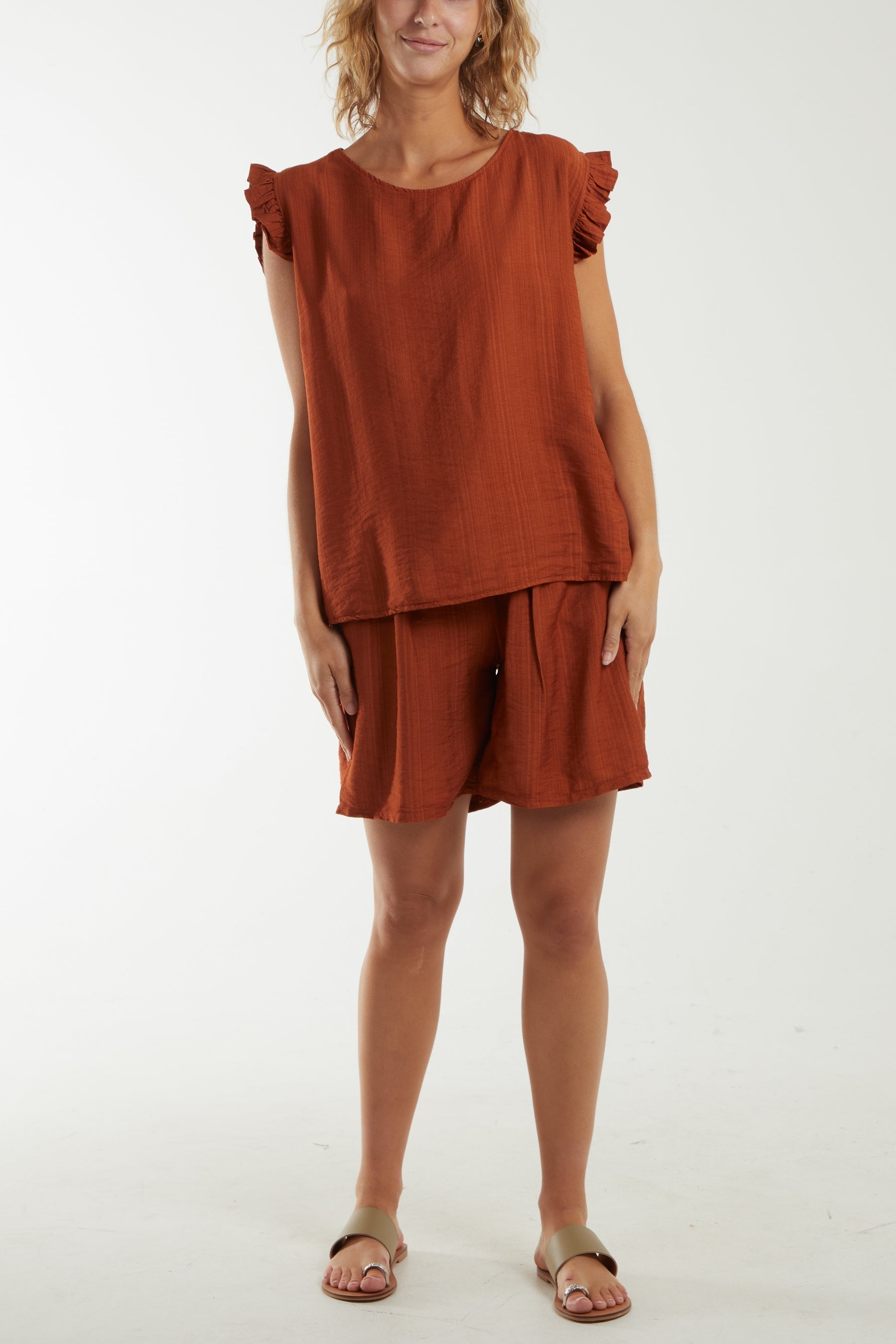 Stone Co-Ord Frill Sleeve Top & Shorts For Women ONE SIZE - Dropwear