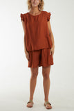 Stone Co-Ord Frill Sleeve Top & Shorts For Women ONE SIZE - Dropwear