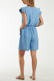 Navy Co-Ord Frill Sleeve Top & Shorts For Women ONE SIZE - Dropwear