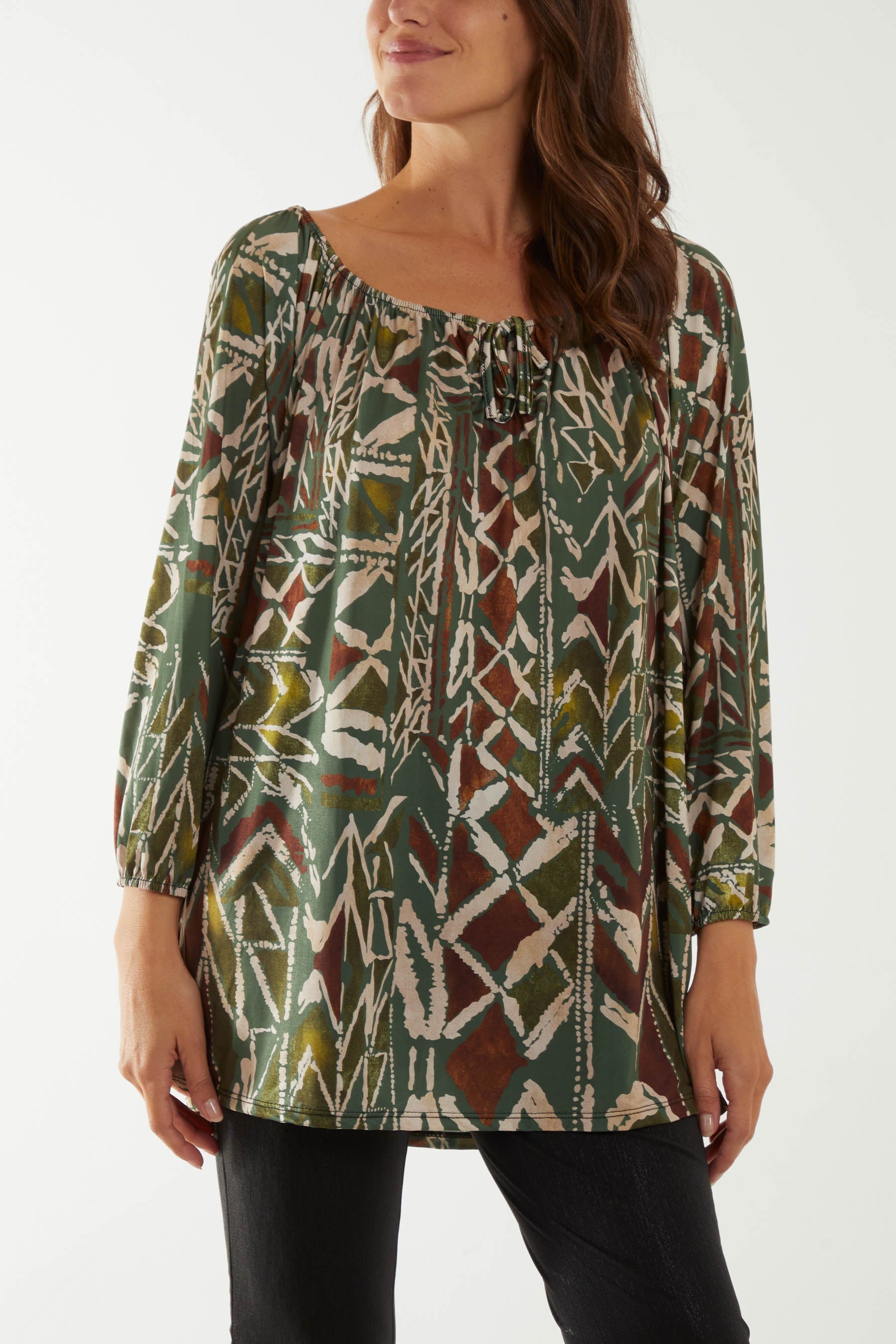 Tribal Print Bardot Tie Blouse For Women  - Dropwear
