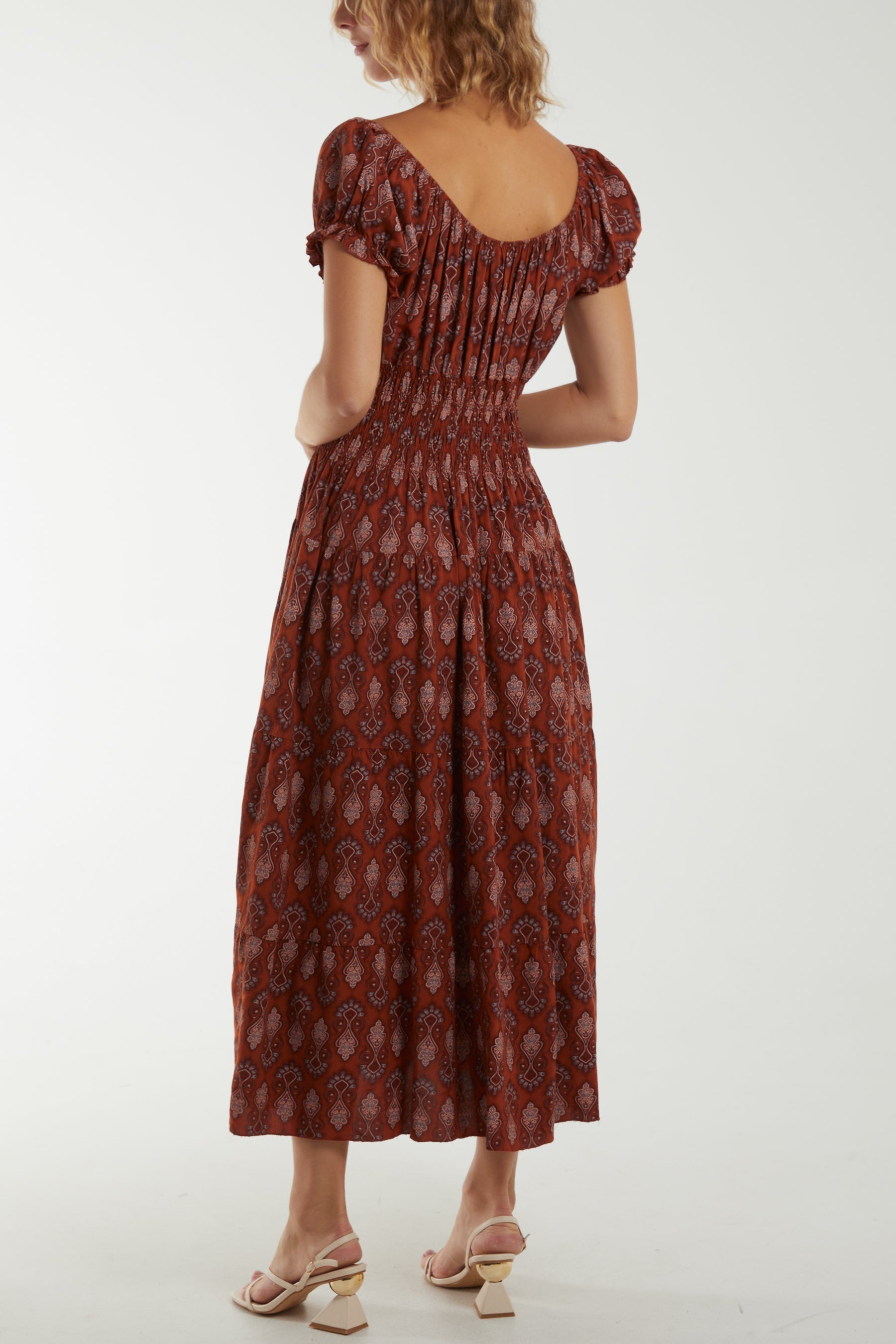 Rust Moroccan Print Tiered Maxi Dress For Women ONE SIZE - Dropwear