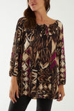 Black Tribal Print Bardot Tie Blouse For Women ONE SIZE - Dropwear
