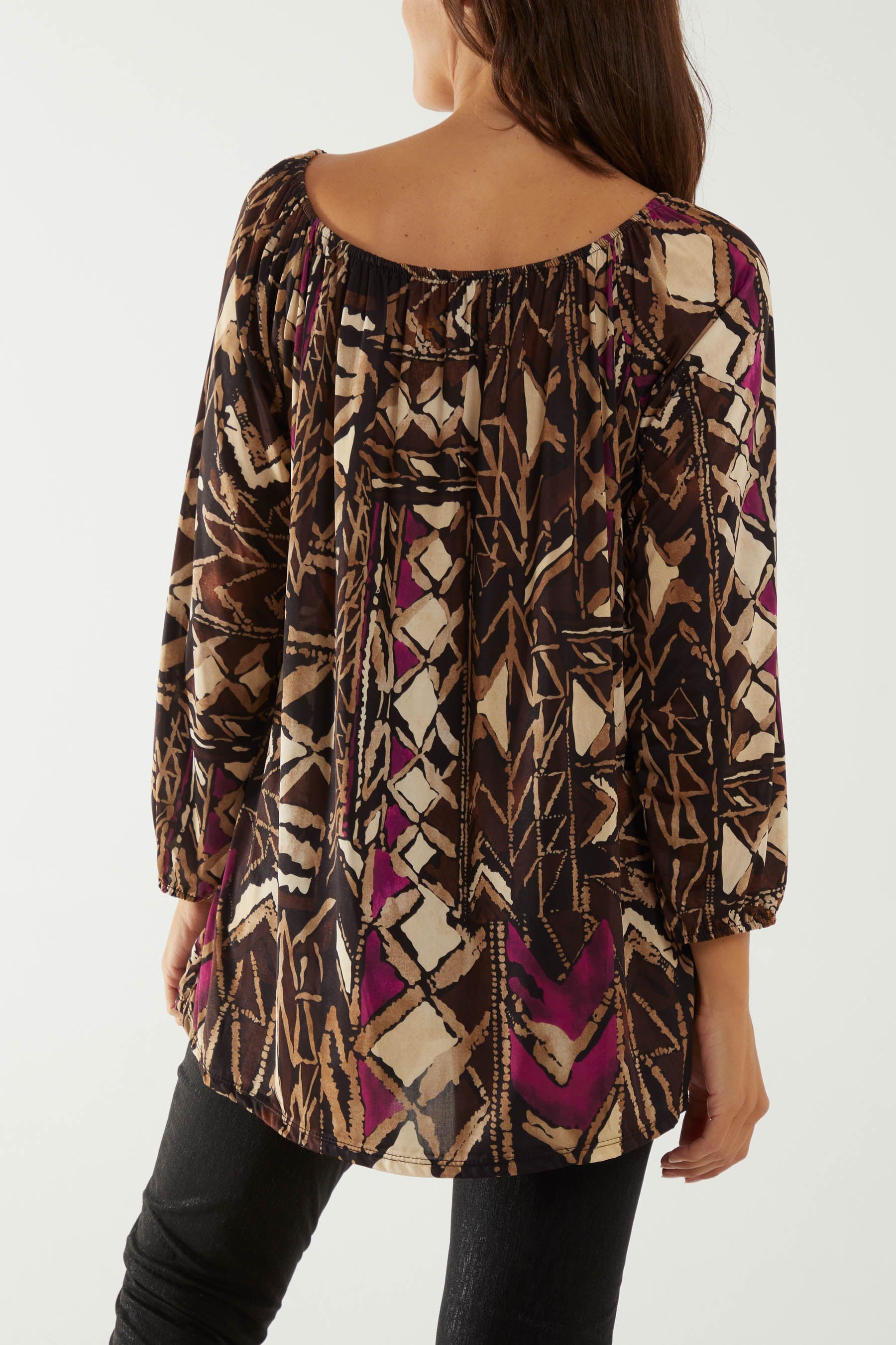 Brown Tribal Print Bardot Tie Blouse For Women ONE SIZE - Dropwear