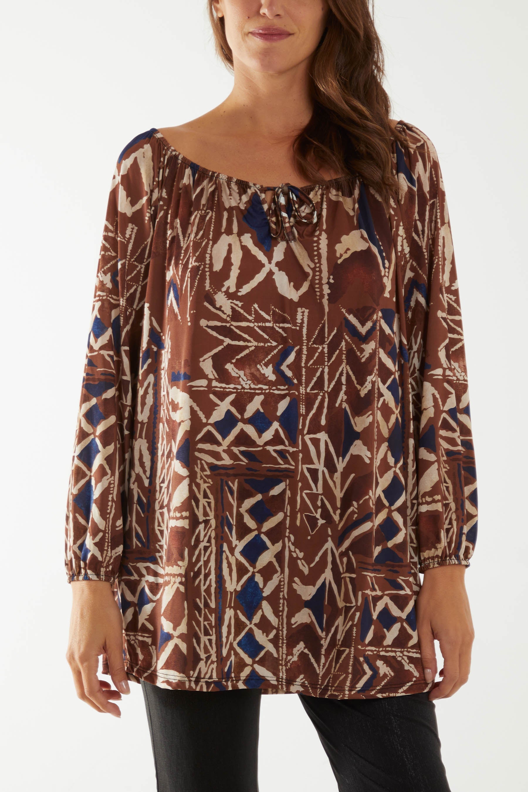 Khaki Tribal Print Bardot Tie Blouse For Women ONE SIZE - Dropwear
