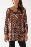 Khaki Tribal Print Bardot Tie Blouse For Women ONE SIZE - Dropwear