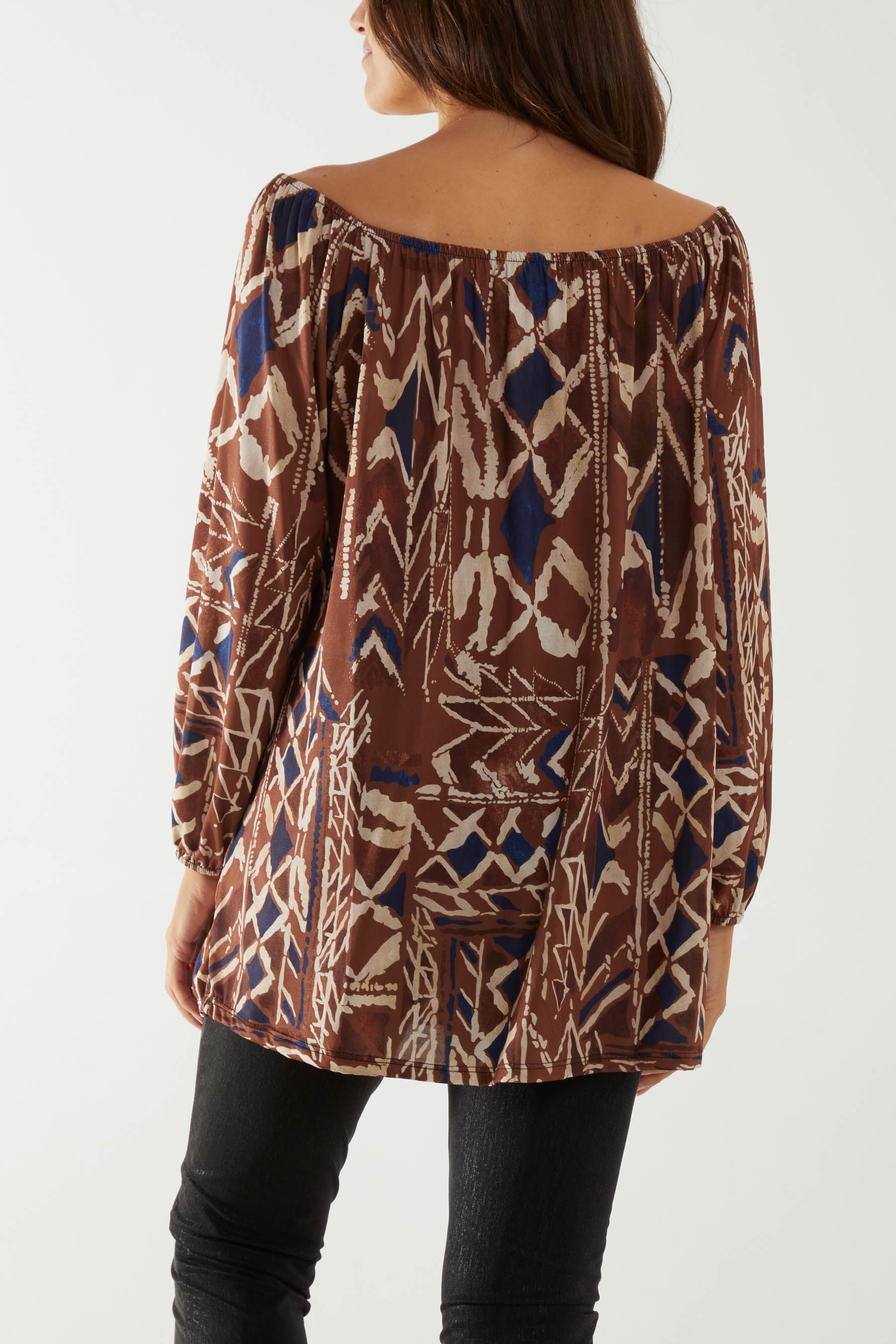 Bottle Green Tribal Print Bardot Tie Blouse For Women ONE SIZE - Dropwear