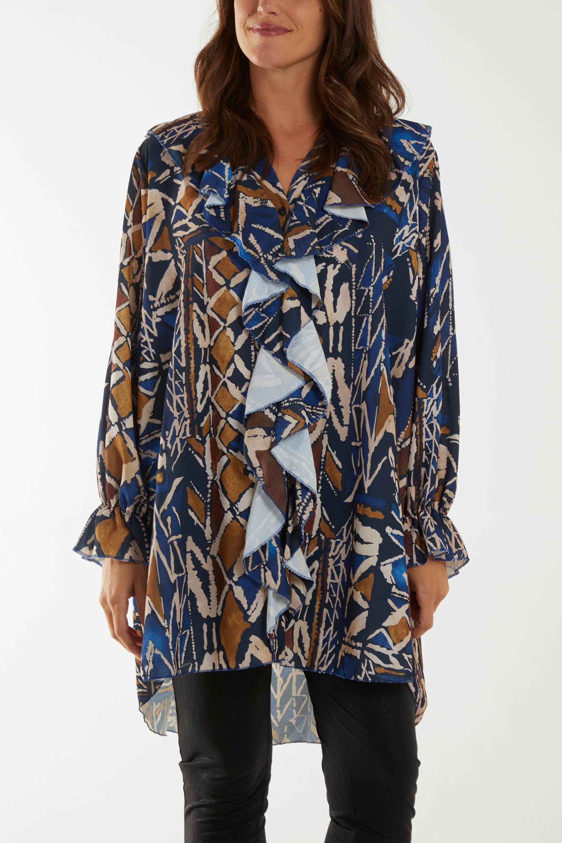 Brown Tribal Print Ruffle Blouse For Women ONE SIZE - Dropwear