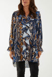 Brown Tribal Print Ruffle Blouse For Women ONE SIZE - Dropwear