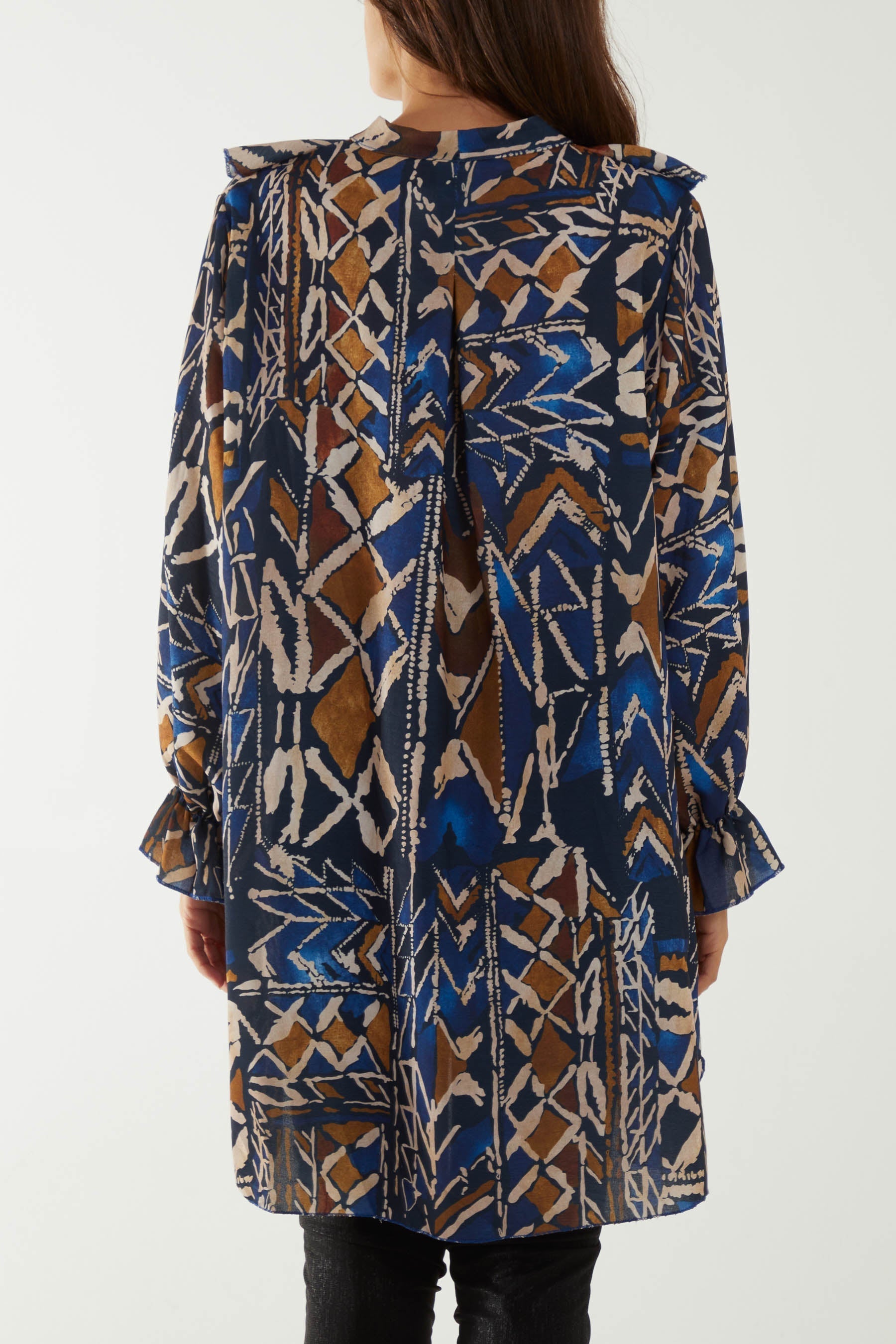 Bottle Green Tribal Print Ruffle Blouse For Women ONE SIZE - Dropwear