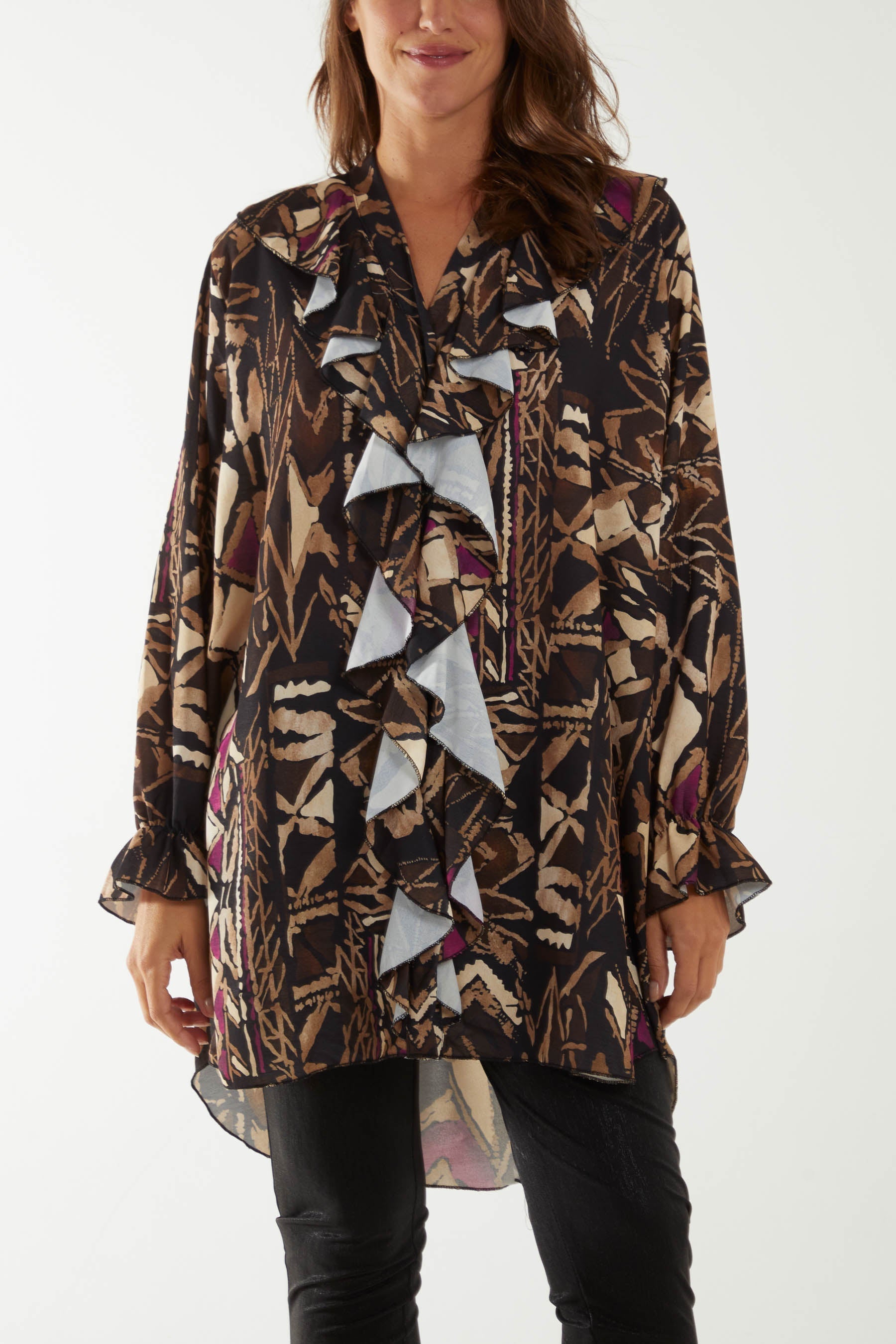 Black Tribal Print Ruffle Blouse For Women ONE SIZE - Dropwear