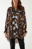 Black Tribal Print Ruffle Blouse For Women ONE SIZE - Dropwear