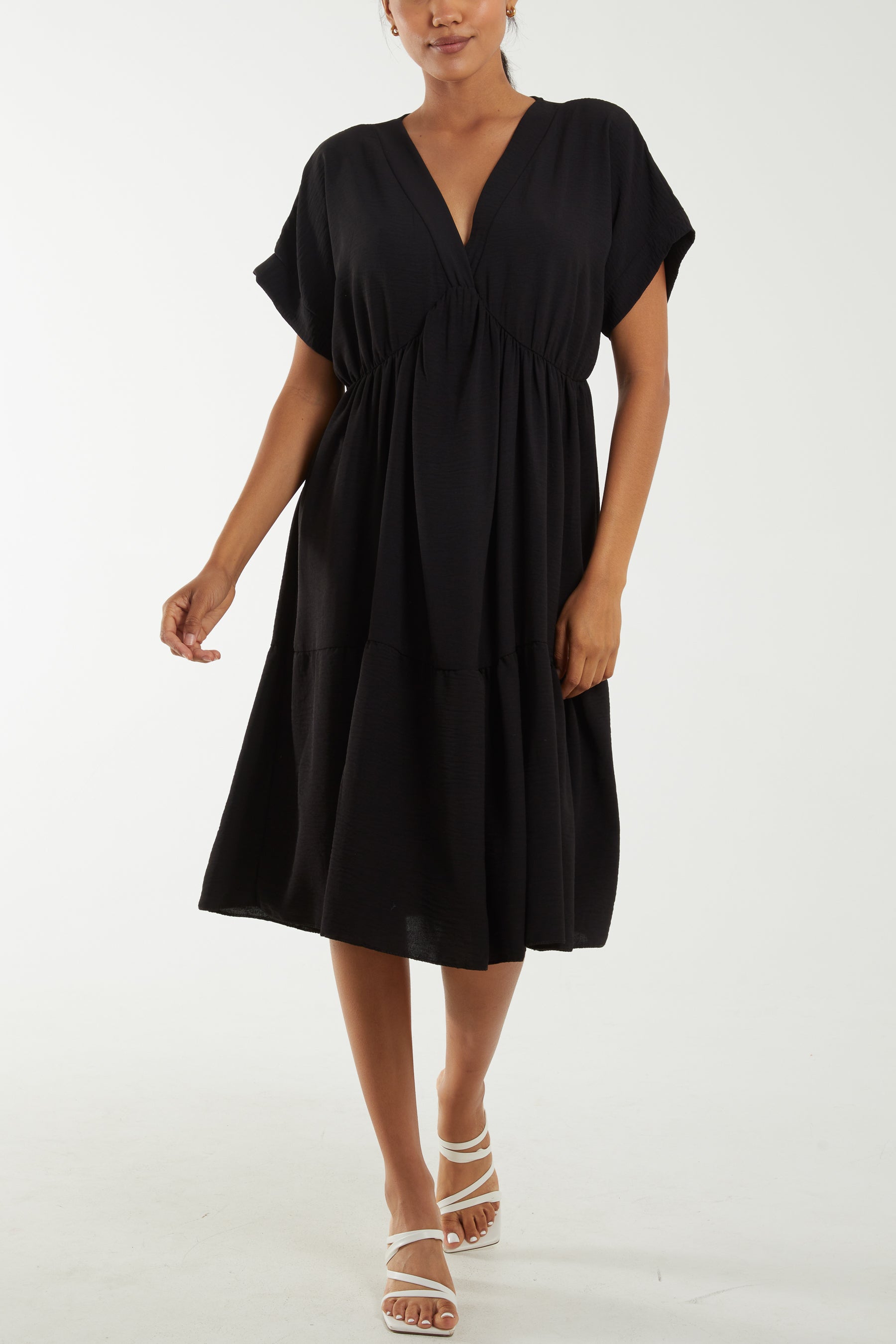V-Neck Short Sleeve Tiered Midi Dress For Women  - Dropwear