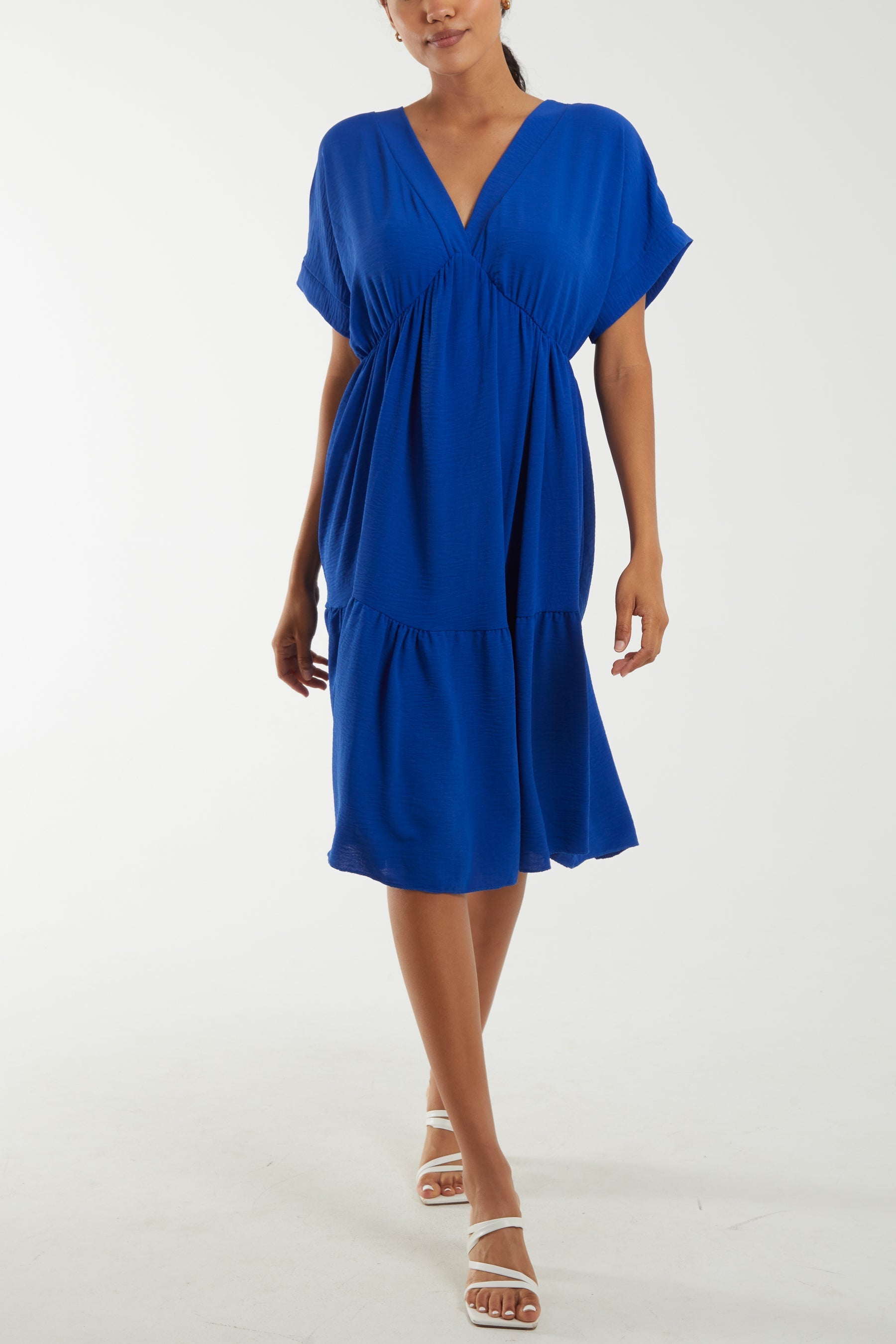 V-Neck Short Sleeve Tiered Midi Dress For Women  - Dropwear