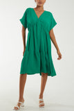 Hot Pink V-Neck Short Sleeve Tiered Midi Dress For Women ONE SIZE - Dropwear