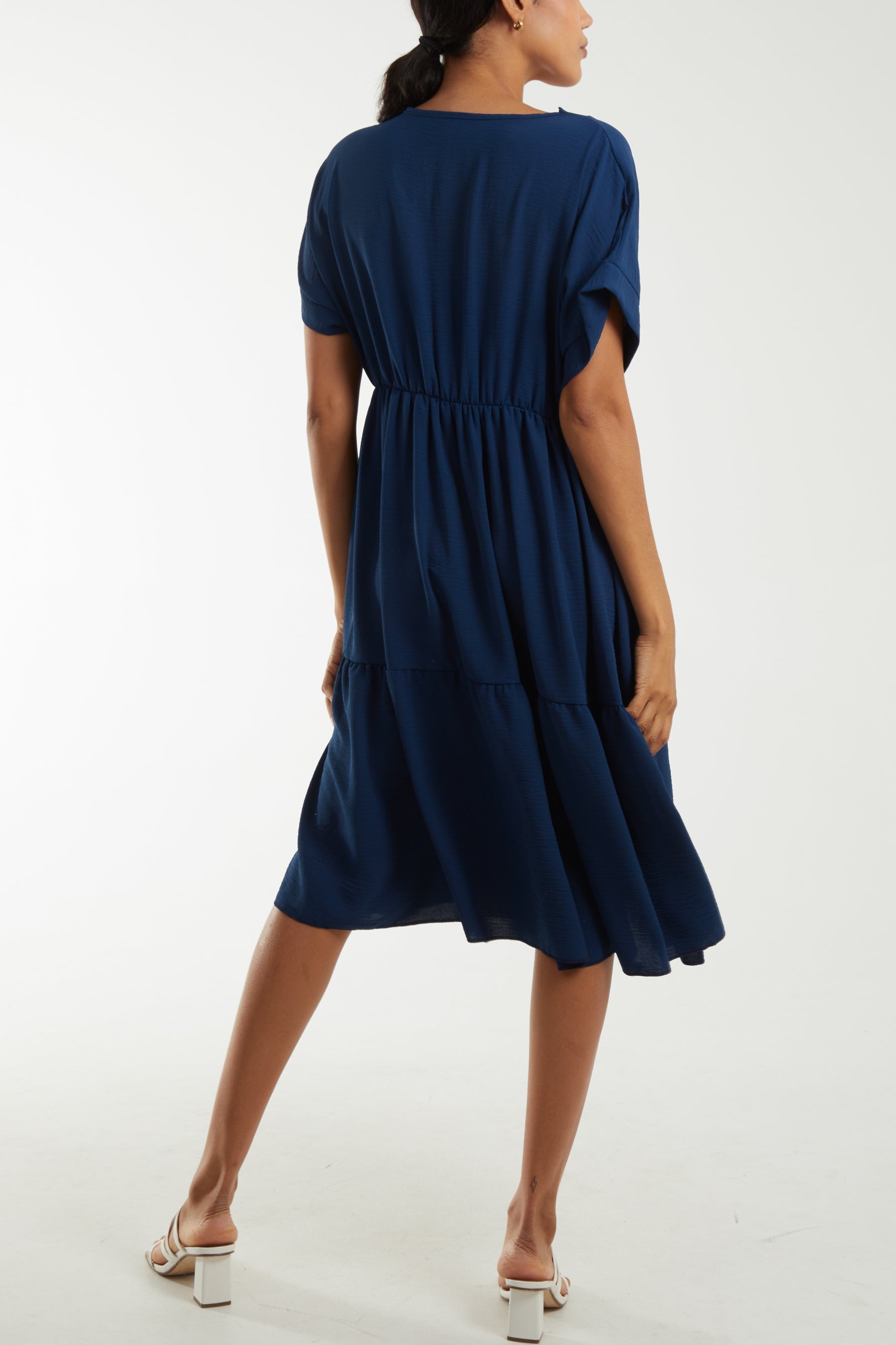 Denim V-Neck Short Sleeve Tiered Midi Dress For Women ONE SIZE - Dropwear