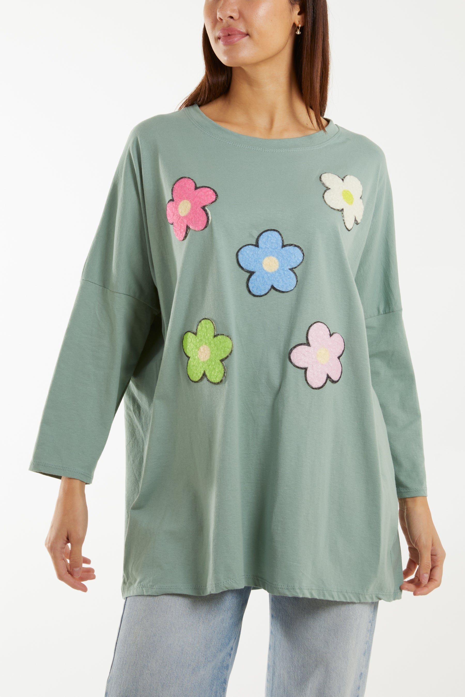 Pink Multicolour Fluffy Daisy Long Sleeve Top For Women ONE SIZE - Dropwear