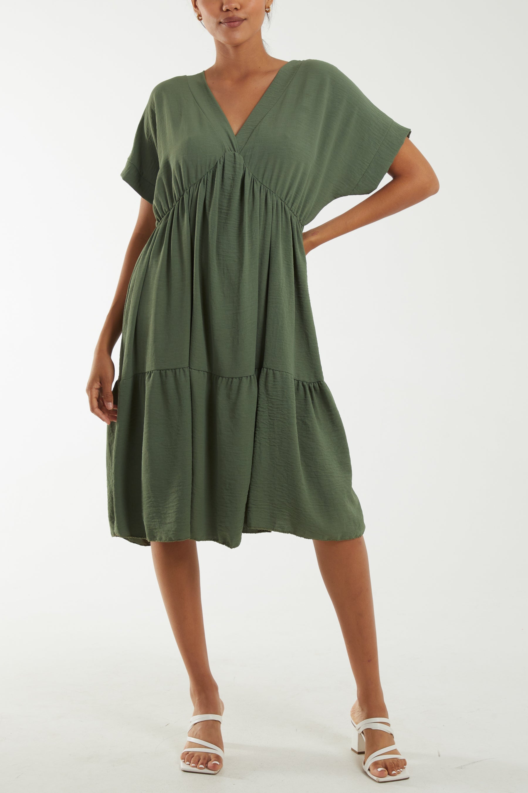 Khaki V-Neck Short Sleeve Tiered Midi Dress For Women ONE SIZE - Dropwear