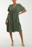 Khaki V-Neck Short Sleeve Tiered Midi Dress For Women ONE SIZE - Dropwear